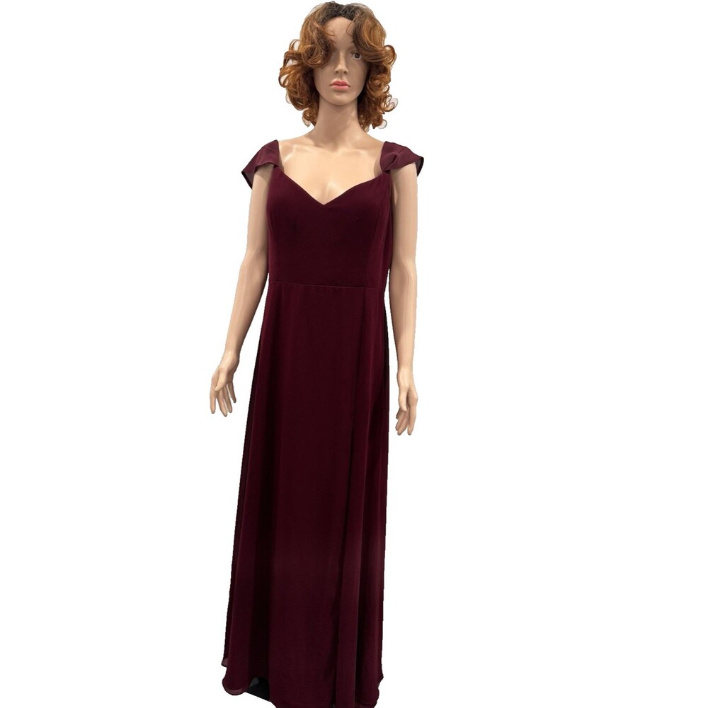 # Levkoff Burgundy Gown V-Neck Chiffon Overlay  Slit Front SZ 18